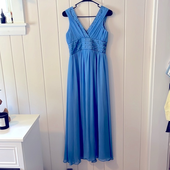 DAVIDS BRIDAL Blue Grecian Sleeveless V Neck Embroidered Midi Prom Dress 4 NWOT - Picture 7 of 12